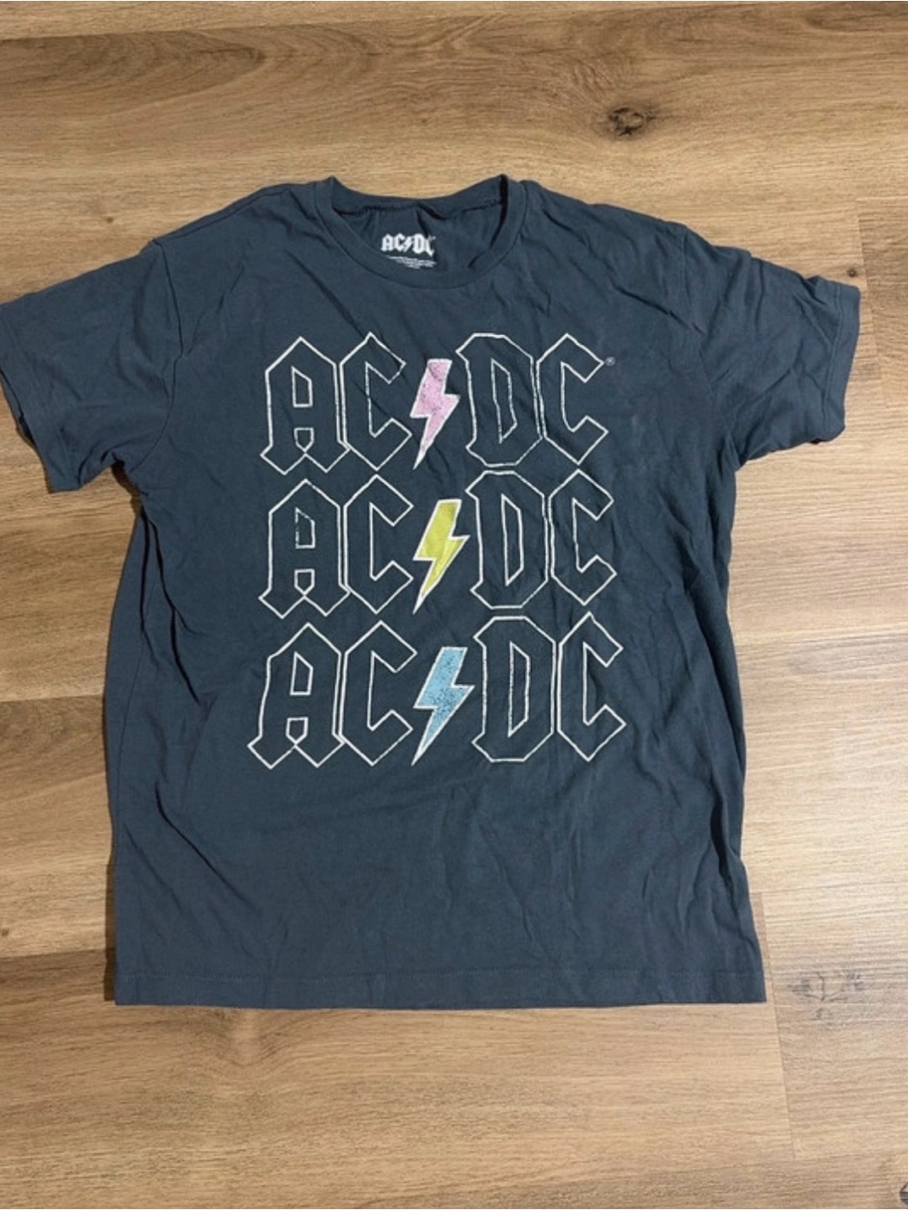 AC/DC Black Short-Sleeve Tee with Pink, Yellow & Blue Lightning Bolts